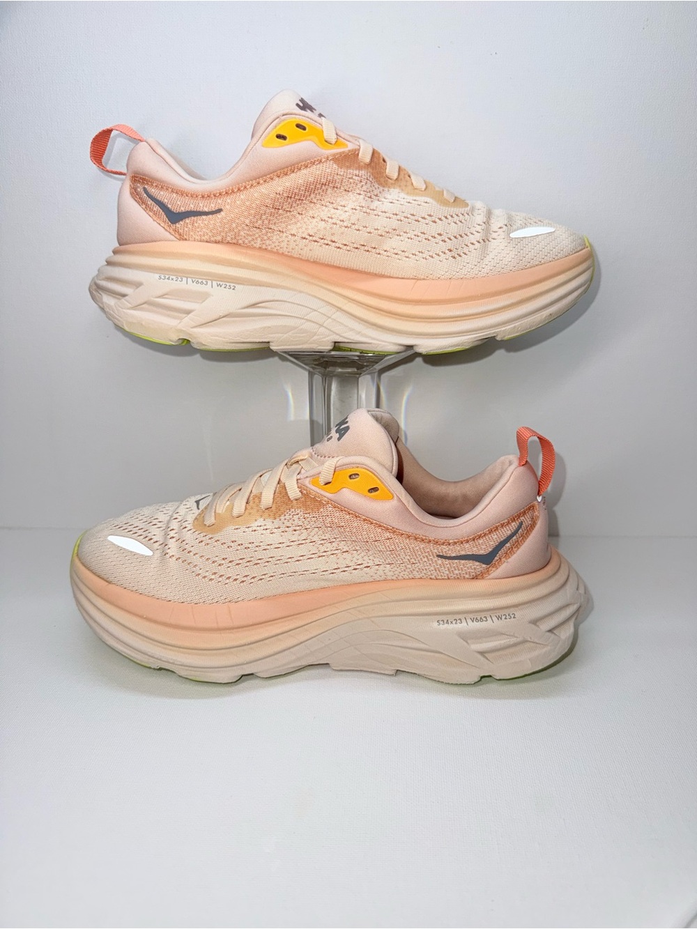 Hoka One One Bondi 8 Women's Running Shoes - Peach with Coral & Lime Accents - Picture 2 of 7